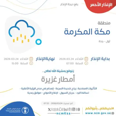 الأرصاد تطلق إنذارًا أحمر: أمطار غزيرة وسيول تضرب جدة وثول حتى الثالثة عصرًا