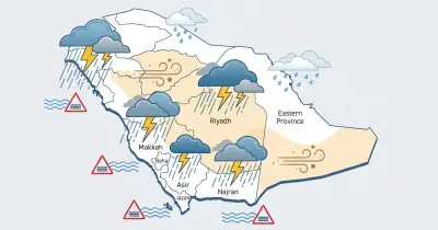 استمرار هطول أمطار رعدية على معظم مناطق المملكة حتى نهاية الأسبوع