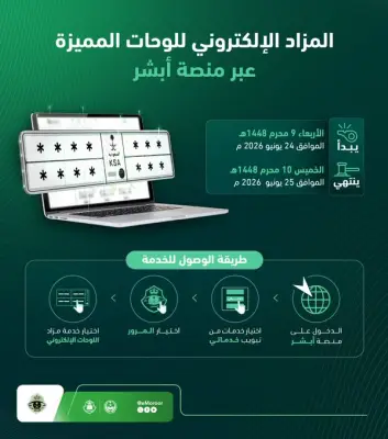 المرور يطلق مزاد اللوحات المميزة إلكترونياً عبر أبشر حتى الخميس
