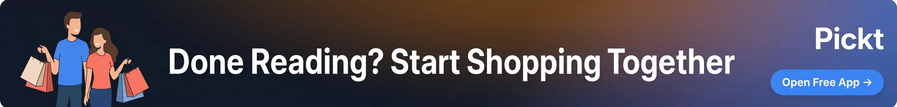 بانر بعد المقال Pickt — تطبيق قوائم تسوّق تعاونية مع رسم توضيحي عائلي